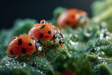 Obraz premium Ladybugs exploring organic kale leaves covered in morning dew in a garden setting