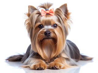 Adorable Yorkshire Terrier puppy lying down, wearing a peach bow, studio shot