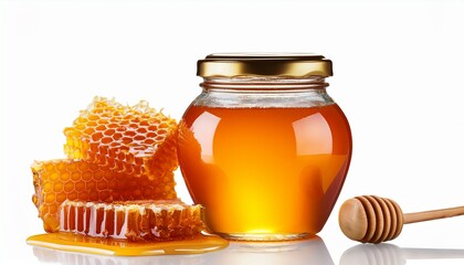 a glass jar filled with honey alongside honeycomb and a wooden honey dipper isolated on transparent background