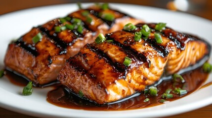 An appetizing plate of grilled salmon drizzled with savory sauce and topped with fresh green onion, enticing food lovers with its vibrant colors and textures.