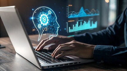 Businessman using laptop with futuristic artificial intelligence brain concept and data analysis graphs
