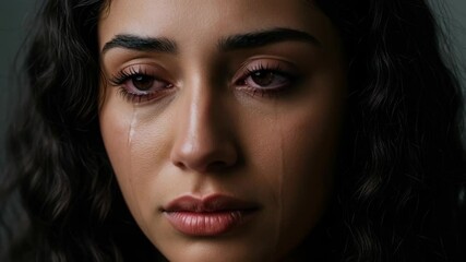 A Hispanic woman shows deep emotion as tears stream down her cheeks, capturing a moment of vulnerability in soft light - Powered by Adobe