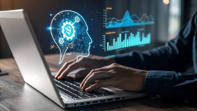 Businessman using laptop with futuristic artificial intelligence brain concept and data analysis graphs - Powered by Adobe