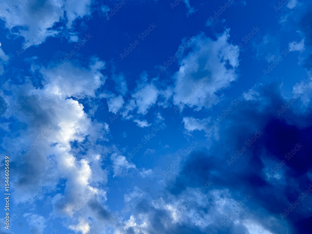 Poster dramatic twilight sky with layered cumulus clouds and deep blue tones, ideal for website header, nat
