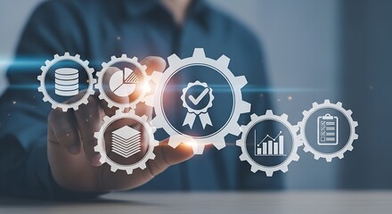 Digital businessman interacting with quality assurance symbols and data analytics in modern technology
