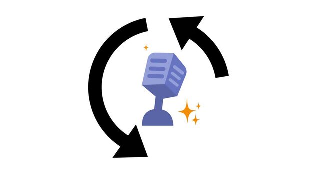 Podcast refresh and update logo in cartoon animation. Audio content creation with a repeat loading symbol. Microphone with sync arrows processing icon. Alpha channel. Seamless looping.