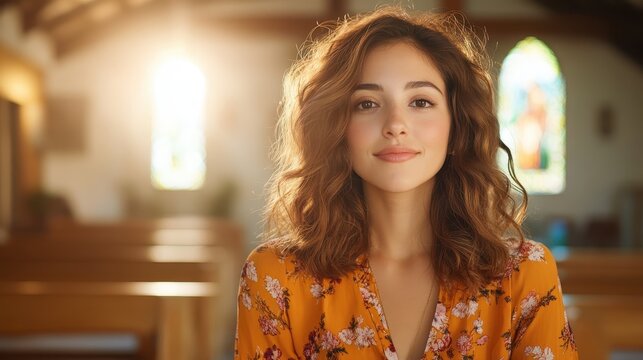 A woman radiates warmth and serenity in a sunlit church, embodying peace and introspection amidst an inviting environment filled with soft light and emotional depth.