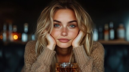 A young woman with striking features rests her face in her hands, staring intently at the camera, with a drink enhancing the warm, inviting atmosphere of the bar.