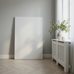 Large Vertical Canvas Mockup Leaning in a Bright, Minimalist Room with Herringbone Floor