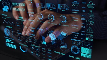 Supply chain management interface showing delivery routes, warehouse efficiency, cost savings,...