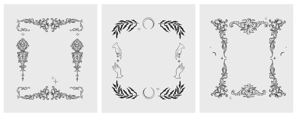 Hand drawn vector abstract outline,graphic,line vintage baroque ornament floral frame in calligraphic elegant modern style.Baroque floral vintage outline design concept.Vector antique frame isolated.