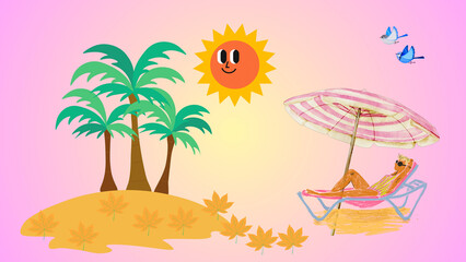 Obraz premium Beach Relaxation: A cartoon illustration shows a person relaxing under a parasol on a tropical beach. The scene features a sun and some palm trees, evoking a sense of leisure and peace.