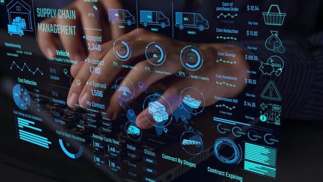 Supply chain management interface showing delivery routes, warehouse efficiency, cost savings, vehicle tracking, procurement ROI, and contract stages. Futuristic supply chain monitoring system. Thunk