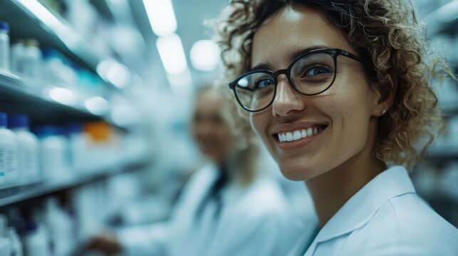 The image captures a smiling pharmacist in a well-organized pharmacy, showcasing professionalism and warmth, emphasizing the importance of healthcare and community service.