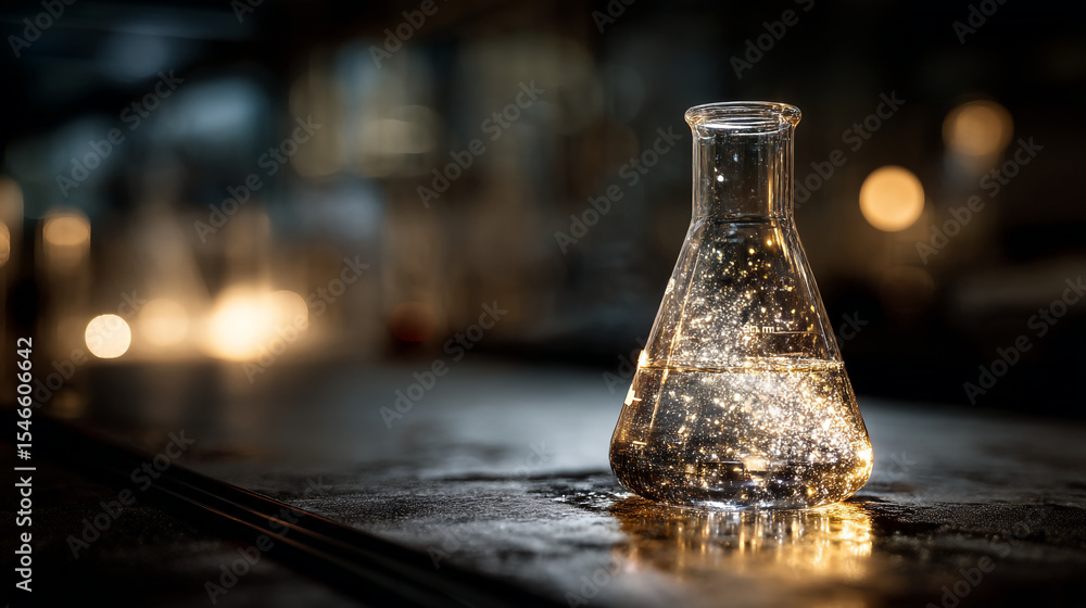 Poster a clear erlenmeyer flask filled with a shimmering liquid on a dark reflective surface bokeh lights