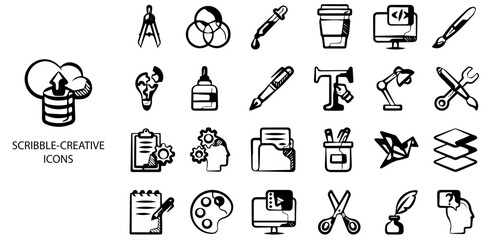 Scribble Creative simple concept 24 hand drawn Black  and White color icons set .Vector illustration.