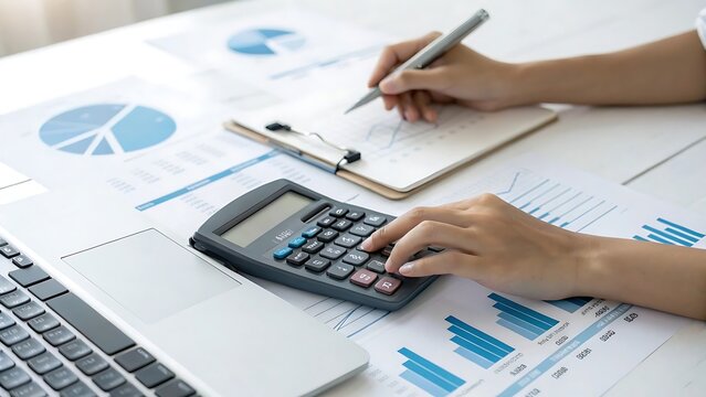 Businessperson using calculator analyzing financial reports with laptop and statistical charts on a desk