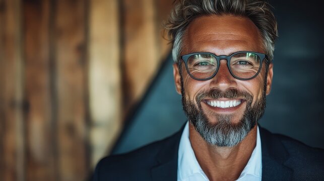 This image depicts a confident smiling businessman in modern attire, showcasing a positive and approachable demeanor in a professional and stylish setting.