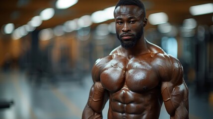 A muscular fitness model stands confidently in a gym, highlighting the power of fitness and dedication to healthy living, symbolizing strength and self-improvement.
