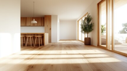 Obraz premium A spacious, minimalist interior design featuring wooden elements and an abundance of natural light, creating a tranquil ambiance ideal for relaxation and modern living.