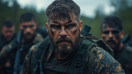Obraz premium A determined group of warriors with tactical gear and serious expressions, capturing the essence of teamwork and resilience in challenging environments.