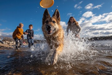 Family enjoys a day at the shore tossing a frisbee for their playful dog on a sunny afternoon