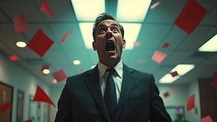 Shocked Businessman in Office Chaos – Cinematic Desaturated Rendering with Dramatic Fluorescent Lighting