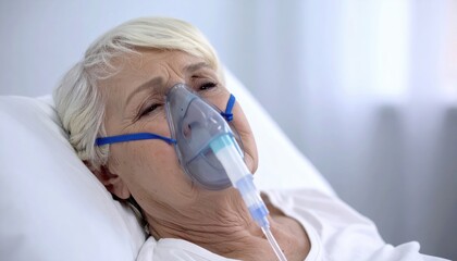 Senior Woman Using Oxygen Mask for Respiratory Treatment in Hospital Bed During Health Crisis
