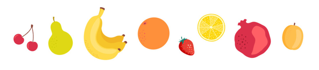 Fresh raw fruit border repeat design. Summer healthy food frame element. Simple flat fruits in a line. Ripe cherry, citrus - lemon and orange, pomegranate, banana bunch, pear, apricot, strawberry.