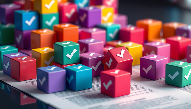 Colorful Cubes with Checkmarks on Document