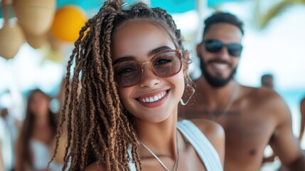 A joyful couple smiles while enjoying their beach vacation, showcasing the happiness and connection that comes from shared experiences in beautiful natural settings.