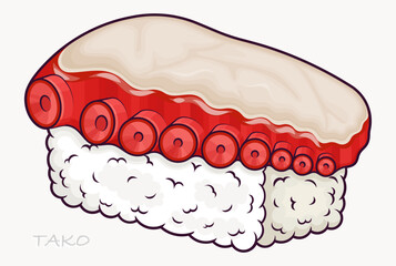 Traditional Japanese sushi with octopus tentacle on rice, styled in a cute cartoon art for menus or design.
