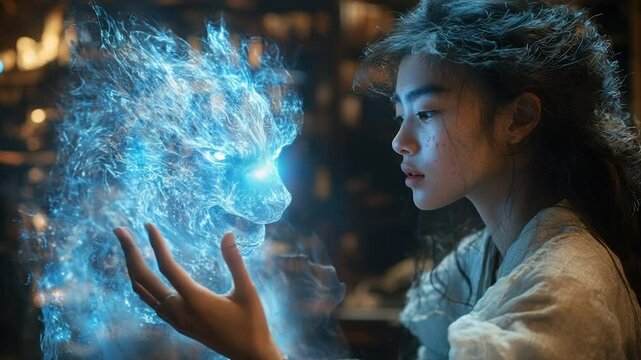 A young woman gazes at a luminous, wolf-like spirit emanating from her hand