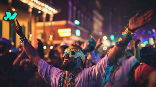 A vibrant, nighttime street party with revelers, confetti, and festive masks