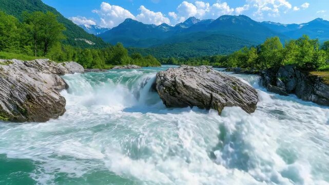 Majestic waterfall cascading over rocks in a lush green valley surrounded by mountains.