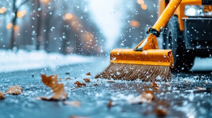 A street sweeper clears fallen leaves amid softly falling snow, showcasing the interplay between urban maintenance and the calm beauty of a winter landscape in transition.