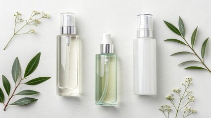 Three elegant cosmetic bottles with greenery