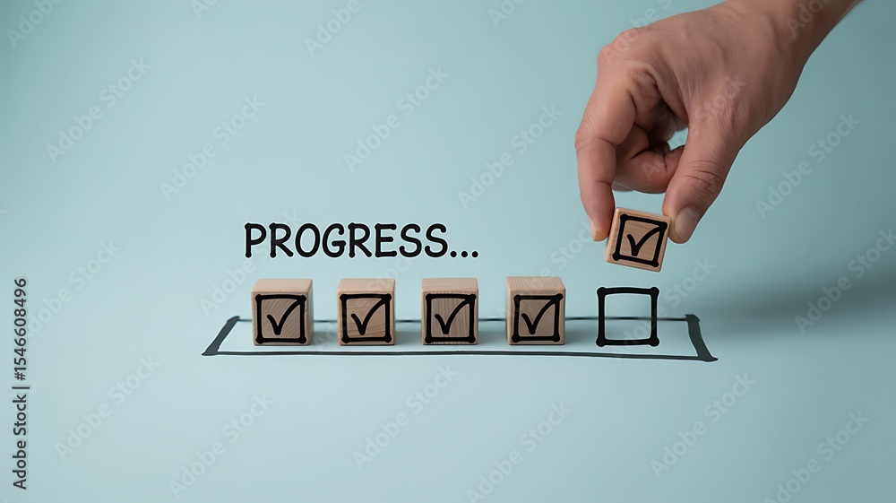 Poster hand placing wooden cube checklist progress light blue background checkmarks task completion