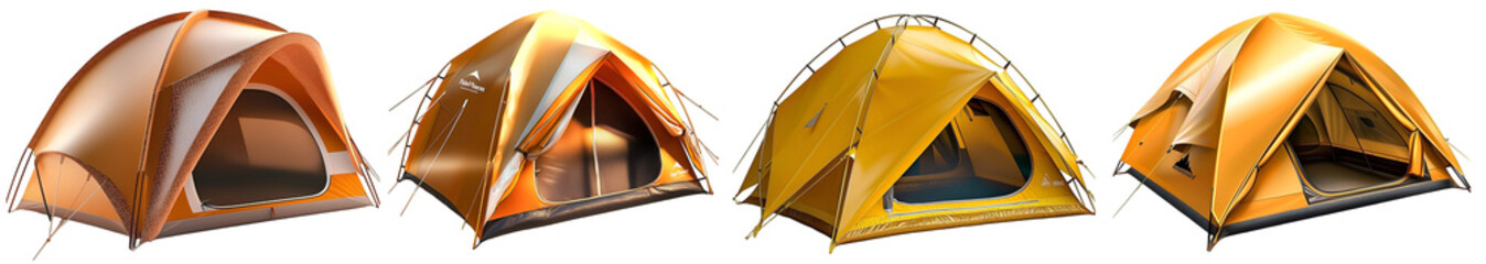 Set of camping tents in orange and yellow colors isolated on white background for outdoor adventure and travel concept

