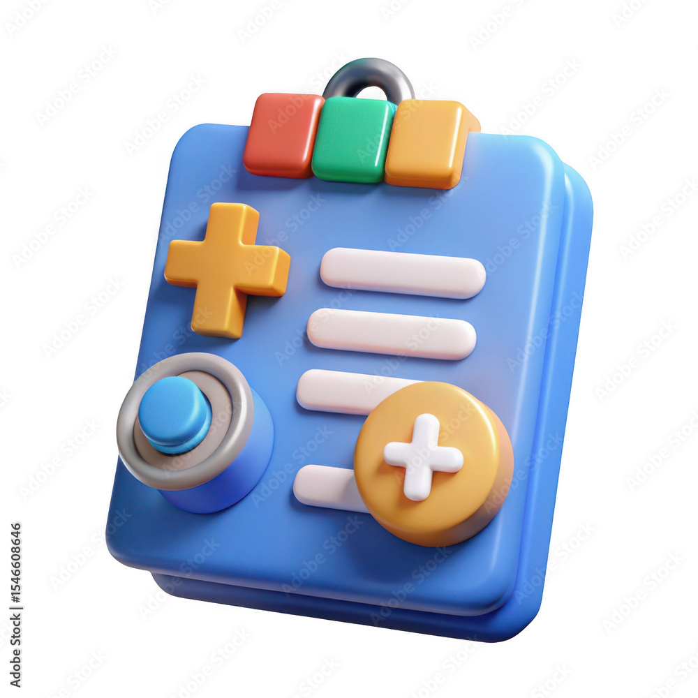 Poster 3d realistic medical game ui icon clipboard with plus buttons isolated on transparent background