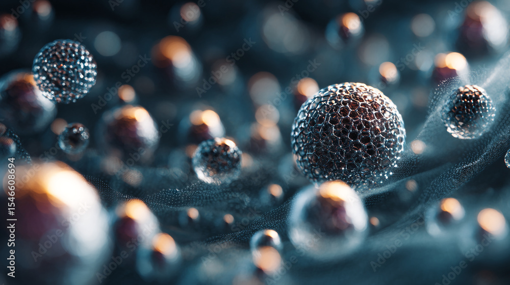 Poster a blurred view of metallic spheres and textured balls floating in a blueish gray background