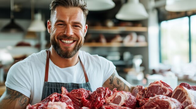 A friendly butcher stands proudly behind a display of fresh meat cuts, exuding professionalism, connection to food, and the craftsmanship involved in quality meat preparation.