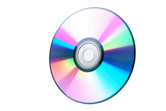 A single colorful CD disc isolated against a black backdrop showcasing its reflective surface and data storage capabilities.