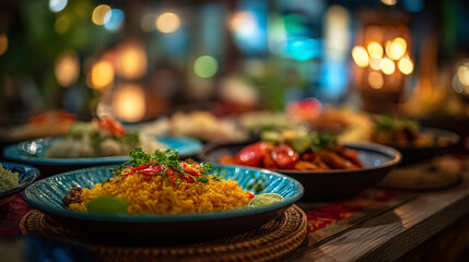 Close up of a table with various dishes including rice and vegetables in a restaurant setting