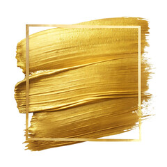 Gold paint brush stroke with frame isolated on transparent background