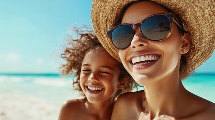 A joyful mother and her daughter enjoy a sunny day at the beach, smiling broadly as they capture a moment of happiness and love together against the beautiful backdrop of the ocean.