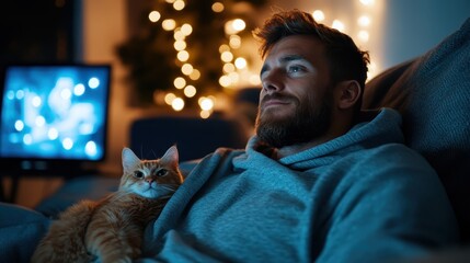 This heartwarming image shows a man comfortably relaxing on a couch with his cat, radiating warmth, happiness, and connection in a cozy, inviting living space.