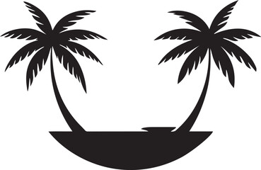 A vibrant vector illustration of a tropical island sunset, featuring palm tree silhouettes against the summer sky, perfect for a beach vacation design