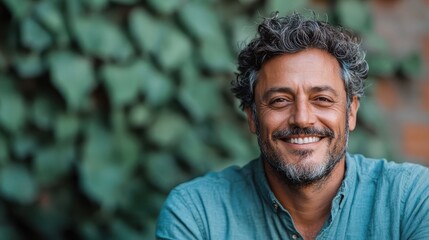 This image captures a cheerful man smiling confidently against a lush green backdrop, showcasing a natural and inviting atmosphere that evokes feelings of joy.