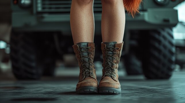 A chic woman standing confidently in stylish combat boots, embodying strength and empowerment in a modern urban setting, showcasing the blend of fashion and function.